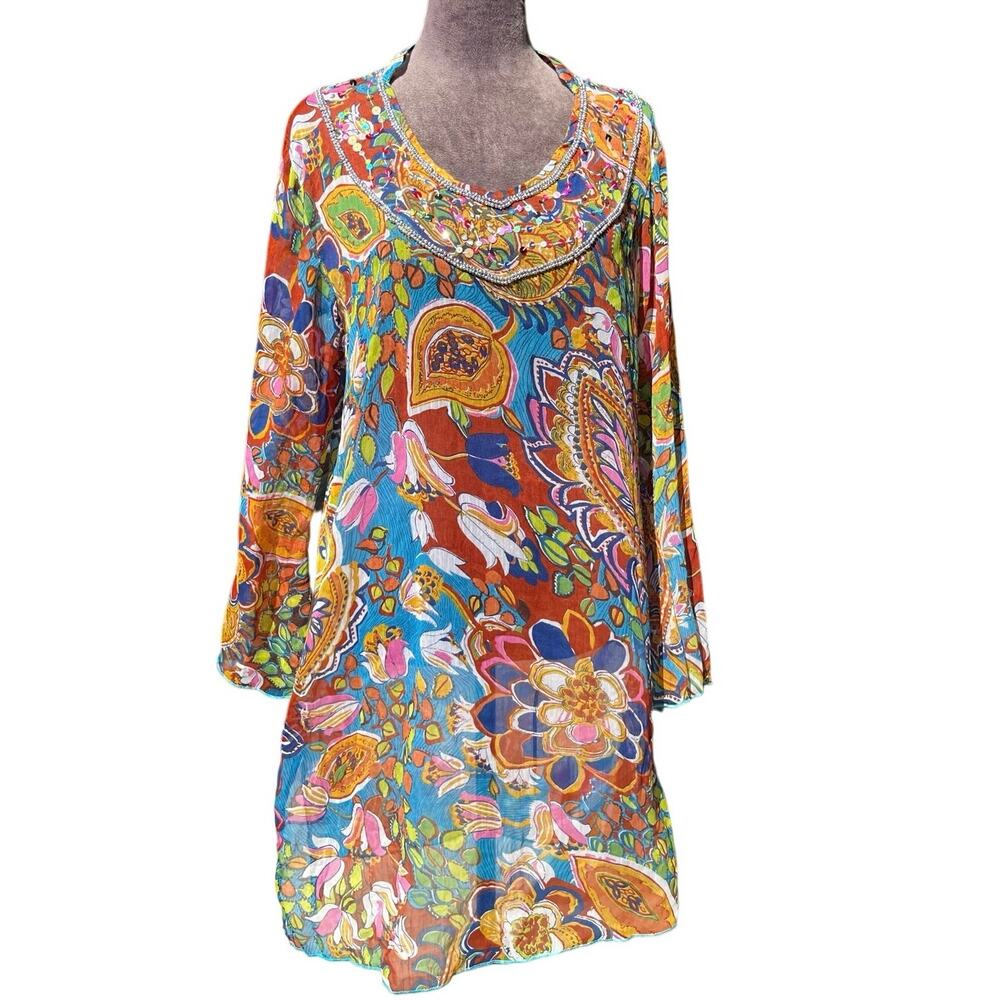 Boho Sequence Swimsuit Cover UP Floral Multi Colored Resort Wear Vacation Sz M